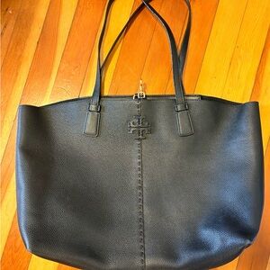 Tory Burch Perry Black Pebbled Leather Tote | Gold Hardware | Classic Work Bag